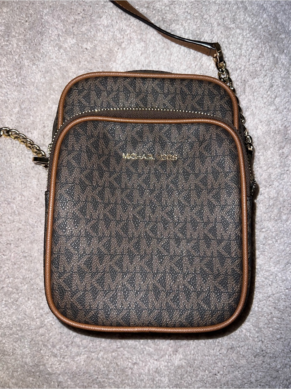 Michael Kors Brown MK Signature Crossbody Belt Bag with Gold Accents